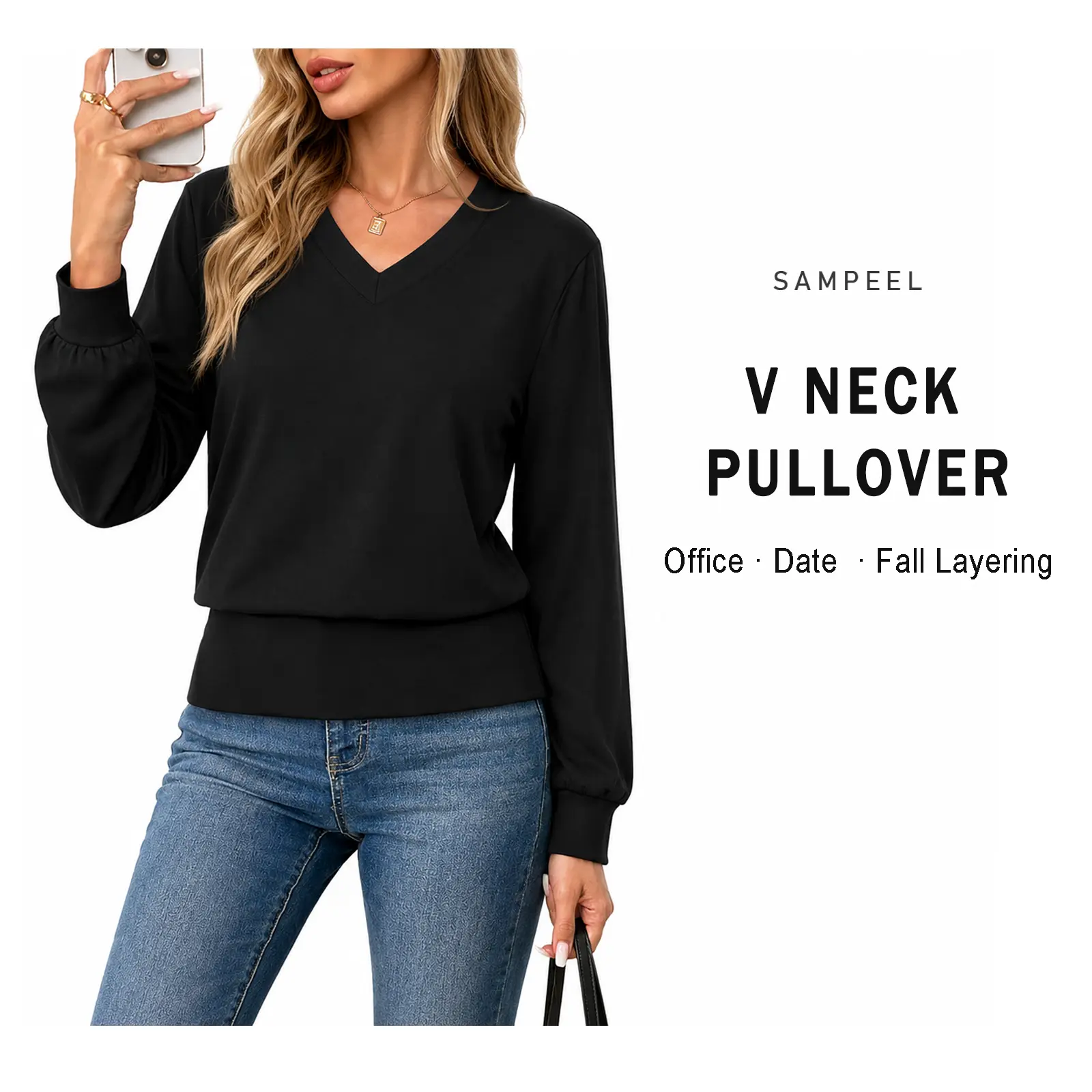 SAMPEEL Women's V Neck Long Sleeve Knit Top, Fitted Waist Pullover Shirt, Dressy Casual Fall Top for Work Office, Winter Layering Fitted Knit Top Casual Fashionable Top