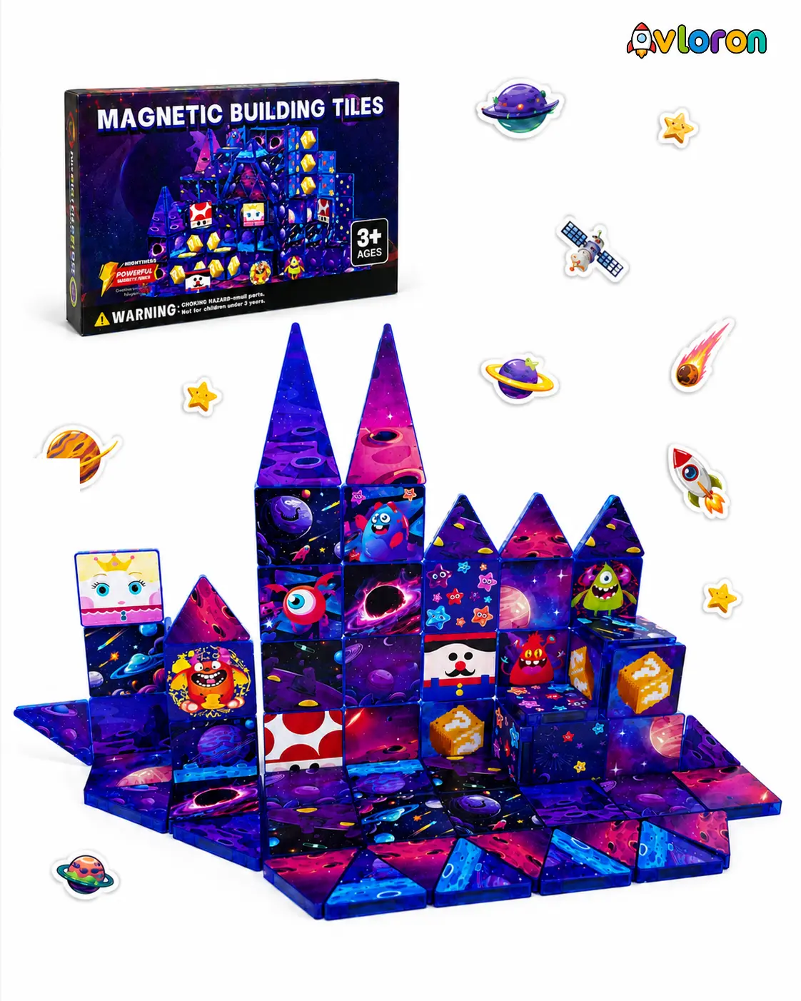 Avloron Unisex 60PCS 3D Galaxy Theme Magnetic Tiles Construction Set - Strong Magnetic Force STEM Toy for Developing Thinking & Motor Skills, Ages 3+, Stem Skills