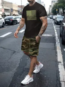 Men's American Flag Camo Set, Casual Loose-Fitting Tee, Short Sleeve, All over Print, High Street Style, Sexy Boyfriend Look, Camouflage
