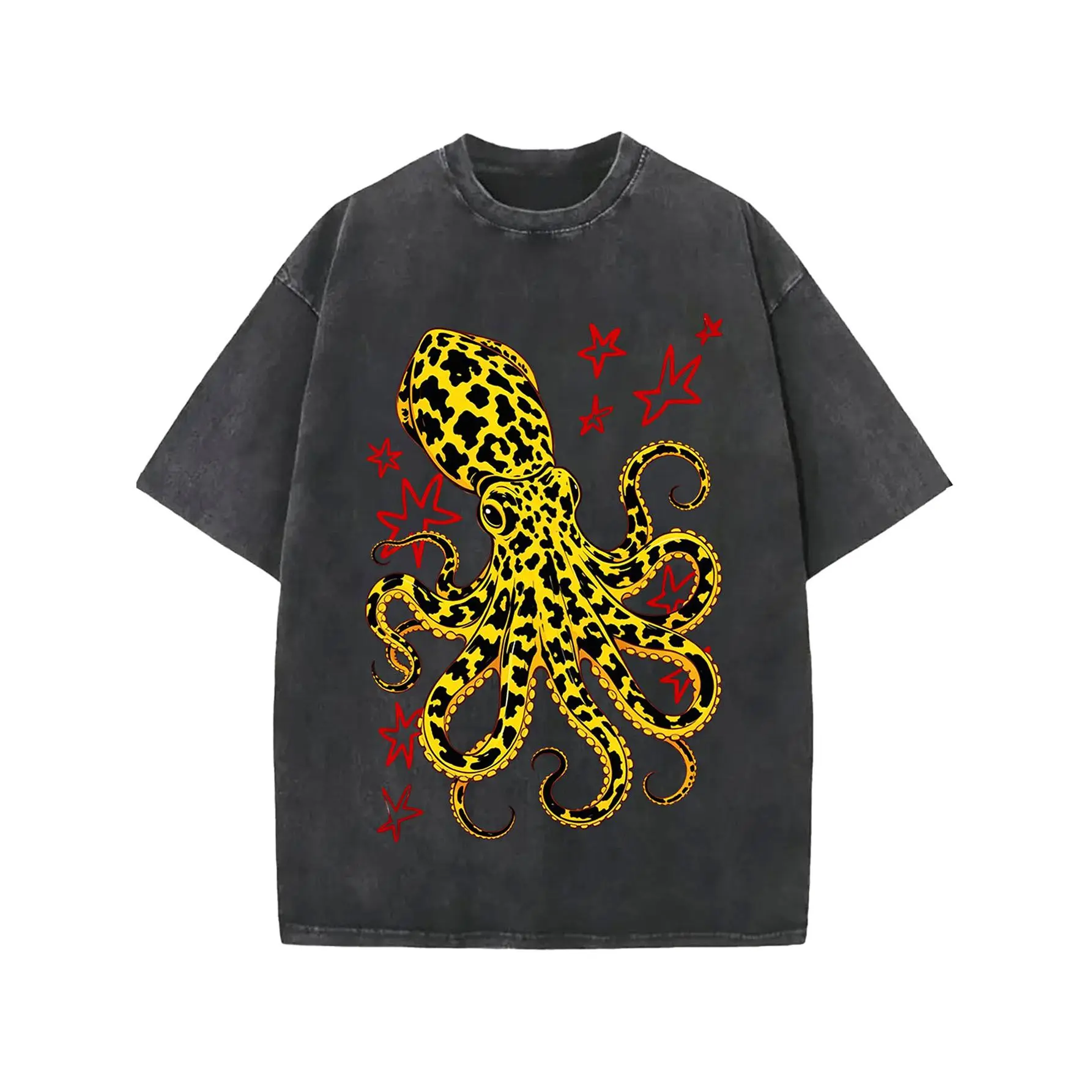 Men's 100% Cotton Y2K Vintage Black Short Sleeve T-Shirt, Yellow Leopard Print Octopus Graffiti Graphic Tee,  All Season Street Style Versatile Casual Top