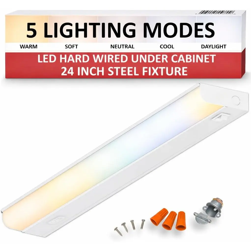 Heavy-Duty Steel Hardwired Under Cabinet Light, 24 in., 5 CCT Selectable (2700K-5000K), True Replacement for Built-in Fixtures, Wide Body Direct Wire Kitchen Light, 1200 Lumens, CRI>90