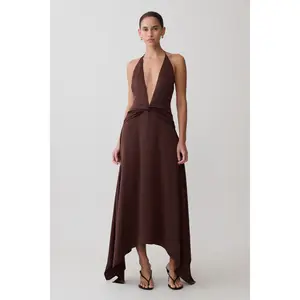 Cyra Plunge Satin Midi Dress - Dark Chocolate