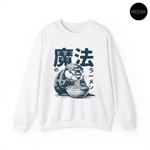 Ramen Otter Graphic Sweater Casual Street Style Fleece Fabric Crewneck Pullover Sweatshirt Tops Trendy for Women for Men