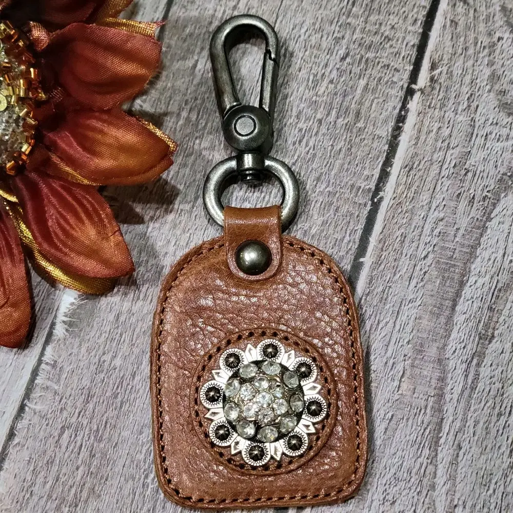 Montana West Real Leather floral Concho Keychain Key Ring Belt Clip rhinestone studded concho