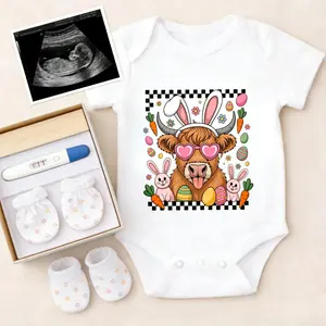 Soft Baby Bodysuit Easter Cow With Bunny Ears Print 100% Pure Cotton Non-Irritating Snap Closure Breathable Stretchy Great For Sleep & Play