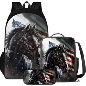 This three-piece backpack and lunchbox set with horse and American flag print, featuring a pencil case, is suitable for elementary, middle, and high school students and teenagers. It is sturdy and durable and can be used as a school bag, backpack, travel