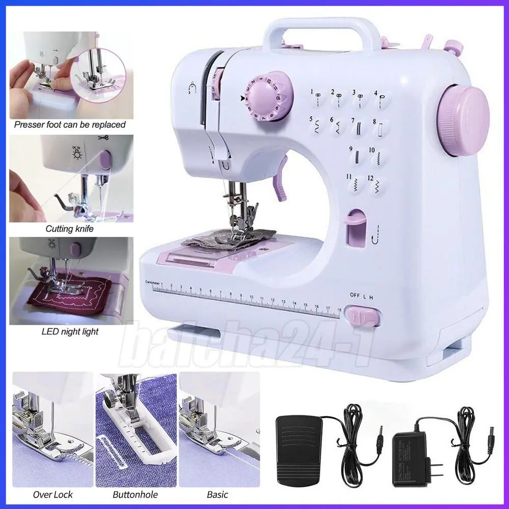 Electric Sewing Machine 12 Built-In Stitches Portable Design with Reverse Function Dual Power AC/Battery for Crafting Mending