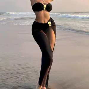 3-Piece Spring Break Bandeau Bikini Set with Extra Long Mesh Skirt summer  beach fashion sexy  fashionable swimsuit
