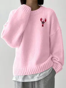 Women's Round Neck Loose-Fit Knitted Sweater, Casual Retro Style, Thickened Lazy Look, Lobster Print, Fall & Winter Fashion Top, Knitwear