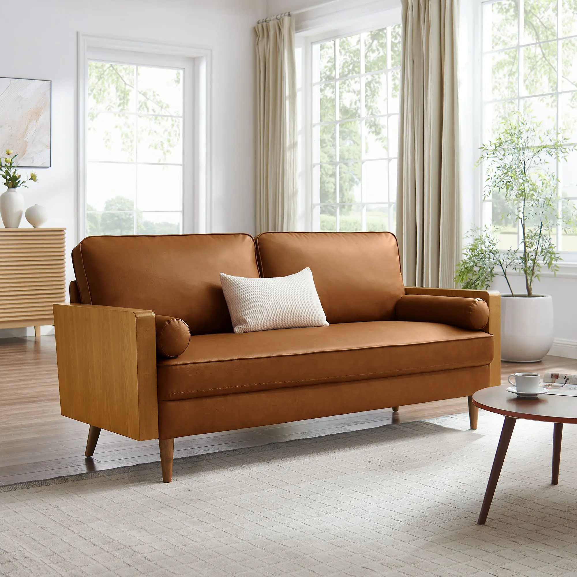 Kellan Vegan Leather Sofa Couch - Modern Upholstered Walnut Tan Indoor Furniture Piece, Modern Upholstered Sofa, 72 In