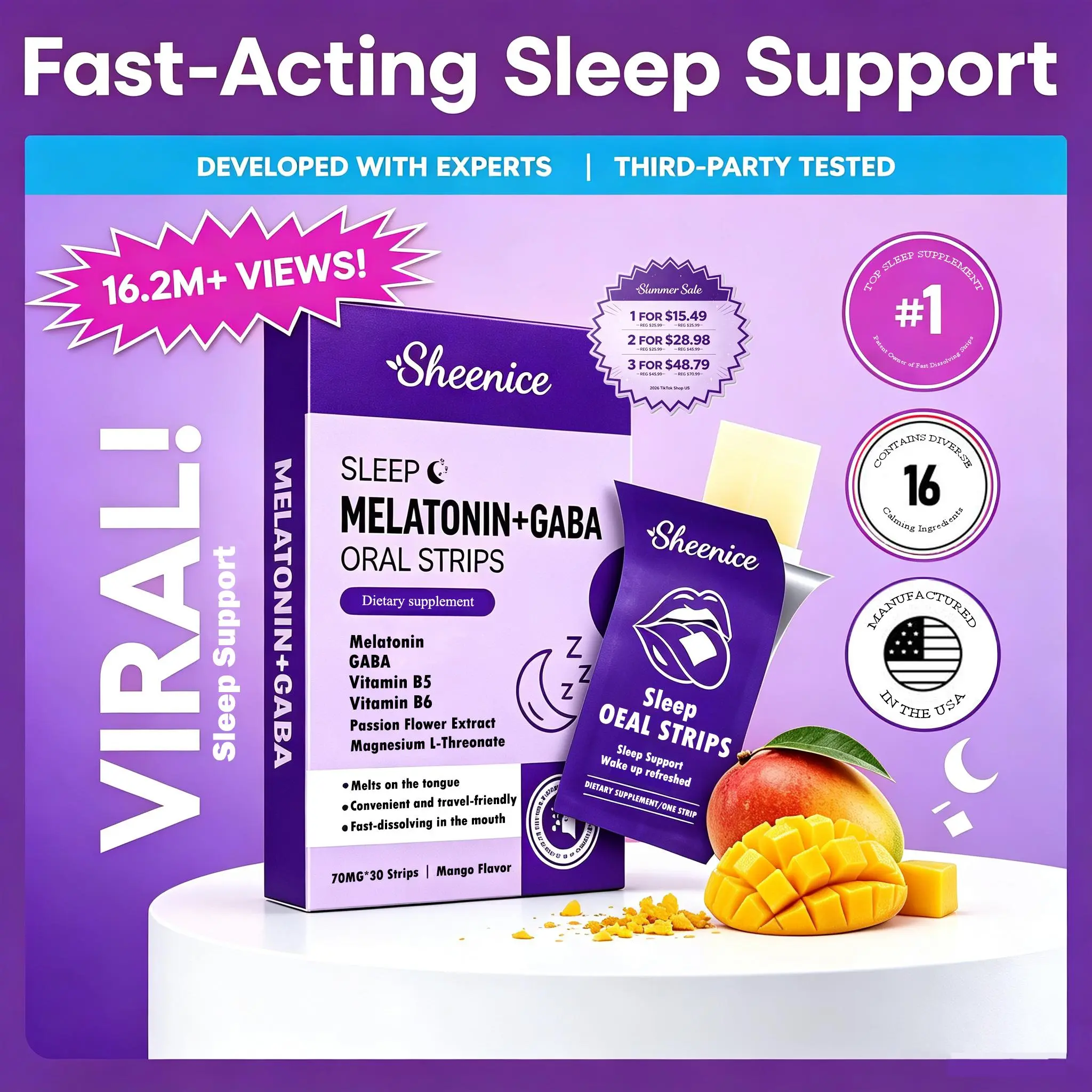 Sheenice Sleep Fast Dissolving Strips - Melatonin Supplement with GABA, L-Theanine, VitaminB5, VitaminB6, Mango Flavor, 30 Servings