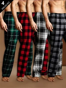 Men's Plaid Checked Sleepwear Set 4 Piece Pants, Casual Homeewear Loungewear, Comfortable Fashion Fitted Men's Pajamas, Perfect Gift, Holiday Celebration Clothing