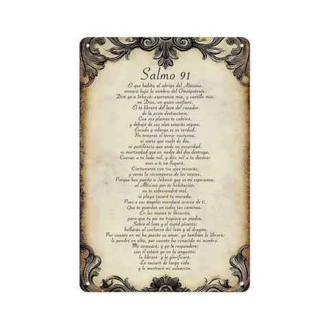 Salmo 91 Spanish Psalm Metal  8x12 Inch, Christian Wall Decor, Religious Scripture Plaque, Vintage Aluminum Tin   Home, Church, Prayer Room, Bedroom, Faith Gift  Christians, Believers, Men and Women
