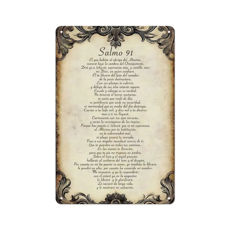 Salmo 91 Spanish Psalm Metal  8x12 Inch, Christian Wall Decor, Religious Scripture Plaque, Vintage Aluminum Tin   Home, Church, Prayer Room, Bedroom, Faith Gift  Christians, Believers, Men and Women