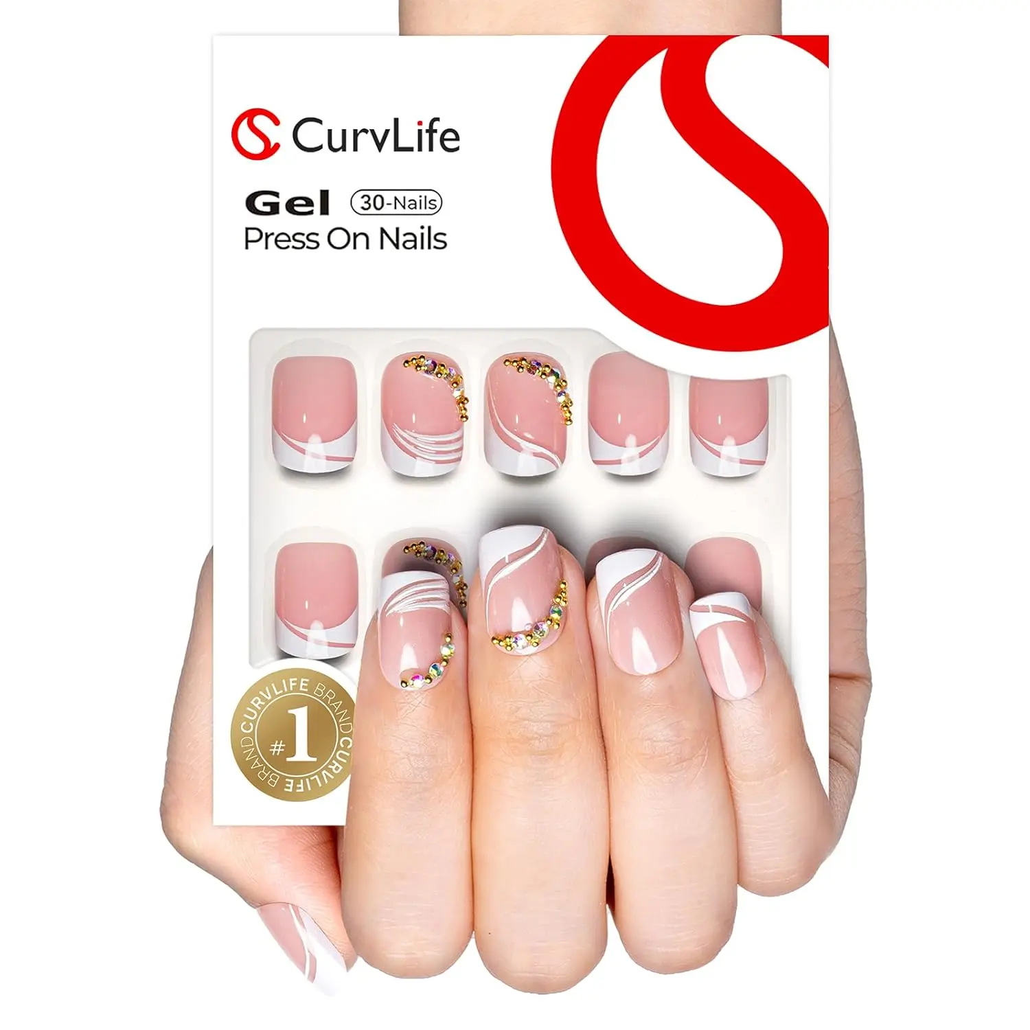 Curvlife short squoval french False Nails diamond white glossy shiny Easy Apply Nail Art