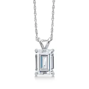 Gem Stone King 14K White Gold White Moissanite Pendant Necklace for Women | 1.00 Cttw | Gemstone Birthstone | Emerald Cut 7X5MM | With 18 Inch Chain