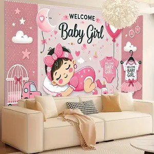 1pc 2D Flat Pink Baby Girl Welcome Sign with Baby Footprints & Bows - Pastel Pink & White Banner, Gender Reveal Party Decorations, Baby Shower Backdrop, Birthday Party Photo Booth Background,