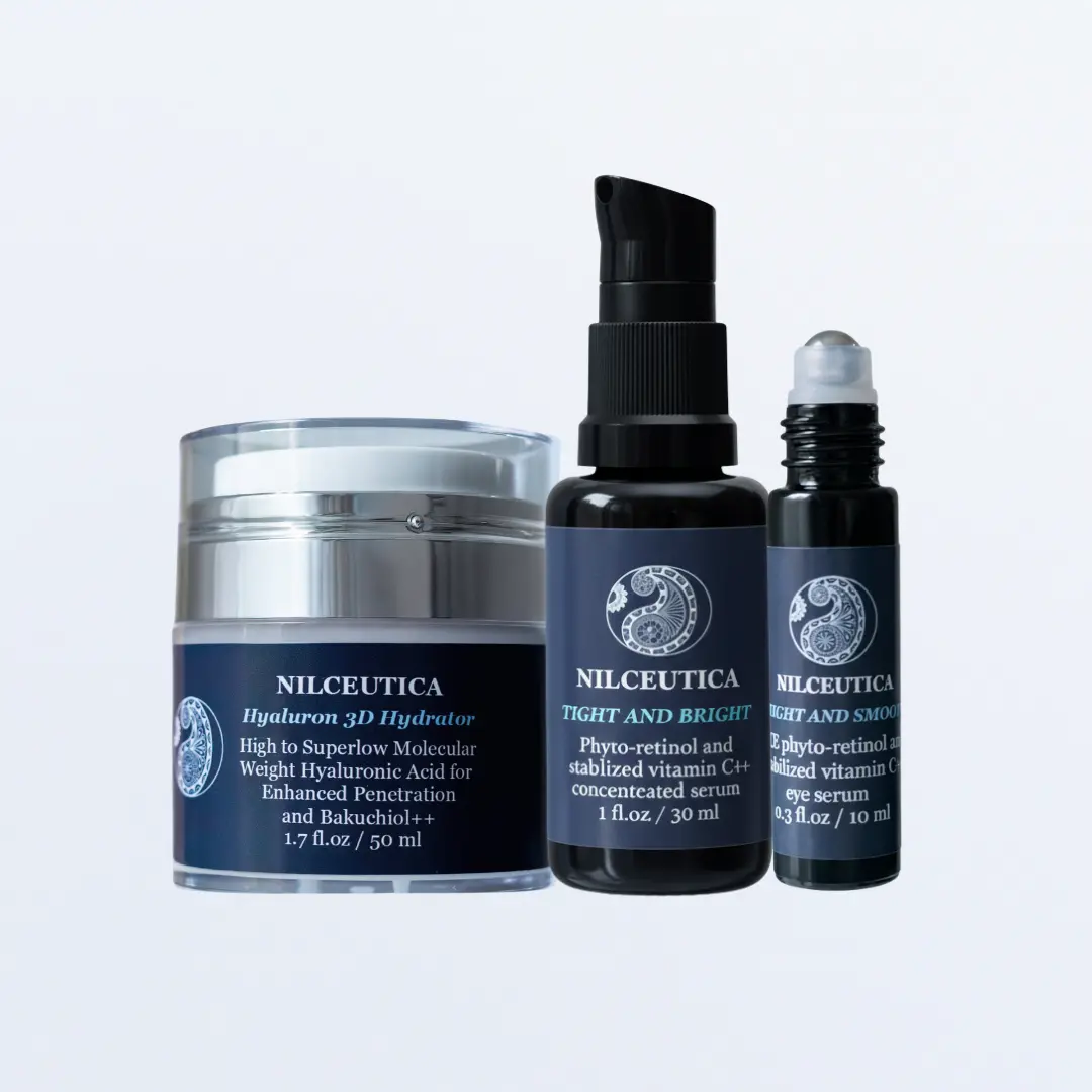 TRIO NILCEUTICA Whole Face Bundle - Hyaluron 3D Hydrator Face Cream, Tight and Bright Face Cream, Bright and Smooth Eye Serum