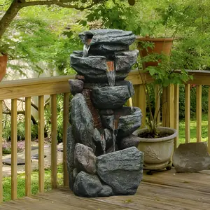 The 5-Tiered Rock Water Fountain Outdoor&Indoor, 31.5’’H Floor-Standing Garden Fountains, Stone Feature and Waterfall with Lights for Patio, Backyard, Deck, Porch, Home DéCor, Gray