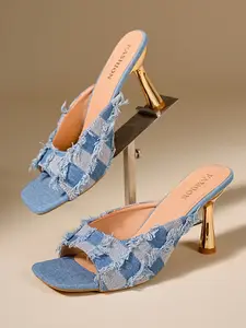 Vintage Denim Style High Heel Sandals, Square Toe Metal Heeled Slippers, Jeans Frayed Edge High Heel Sandals for Women