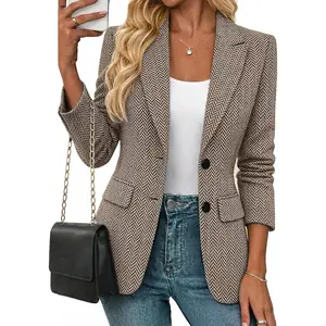 Free shipping/3p Mina Self Women's Spring Herringbone Tweed Blazer - Open Front Fully Lined Casual Work Office Jacket with Pockets