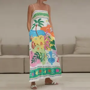 Summer island vacation print suspender dress, Mediterranean Folk Style, Marine elements, Beach vacation style, Halter-neck dress, Floral, Elegant