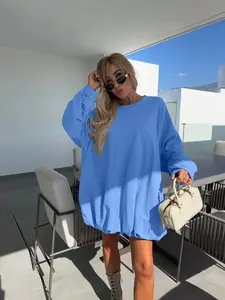 Autumn Winter Basic Casual Minimalist Style Drawstring Hoodie Dress Womenswear Lady, Casual Cute Clothes, Long Sleeve Drop Shoulder Design, Comfortable Knitted Fabric, Perfect for Daily Wear