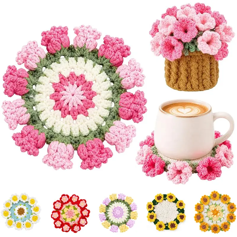 Crochet Flower Coasters, Handmade Bouquet Coasters with Crochet Plant Pot Cotton Tulip Gifts for Home Decor Bouquet Decorations for Living Room Desk, Cute Gifts