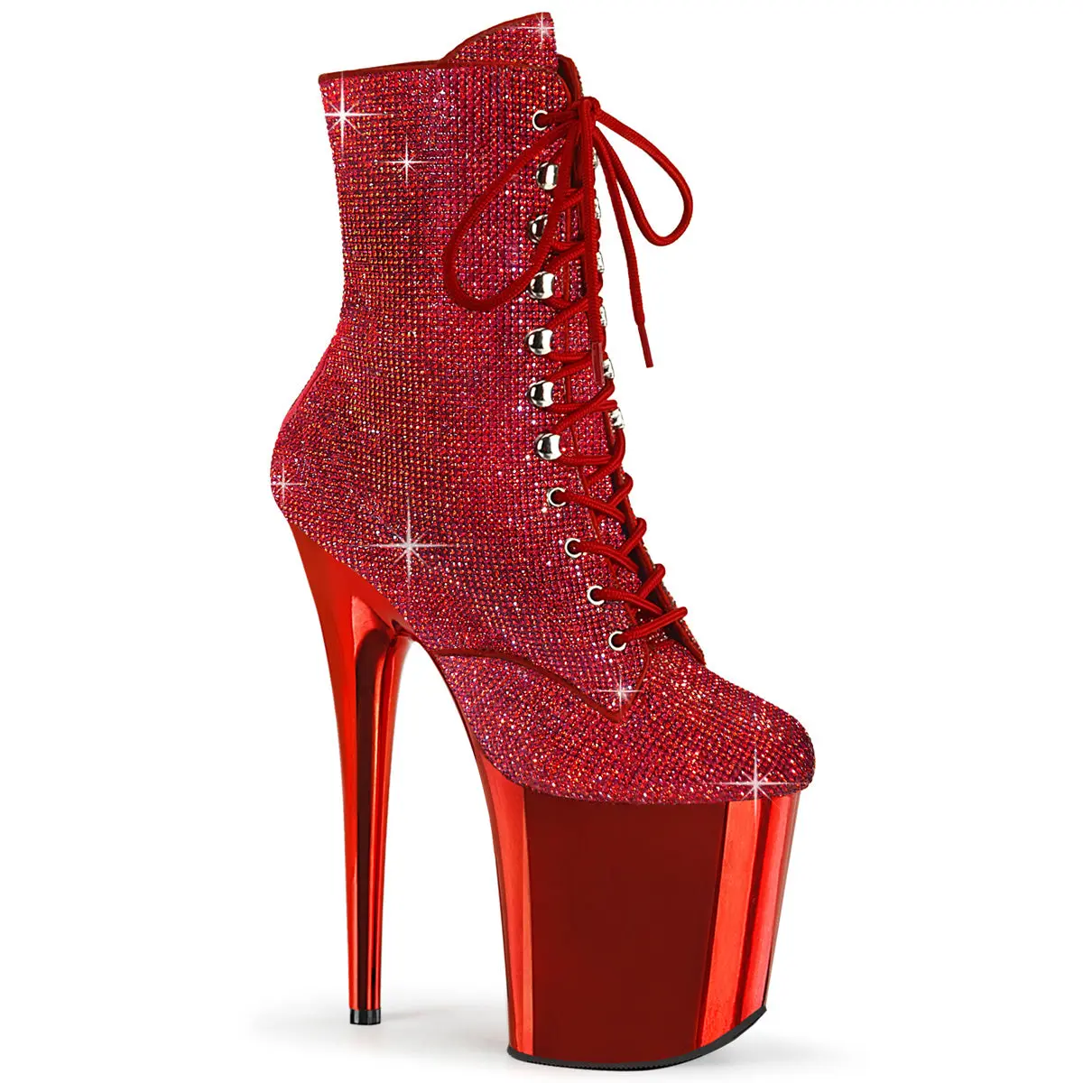 Women's Red Rhinestone Platform Heels Footwear - 8-in Lace-Up Ankle Boots, 4-in Platform, Side Zip, Pageant Heels