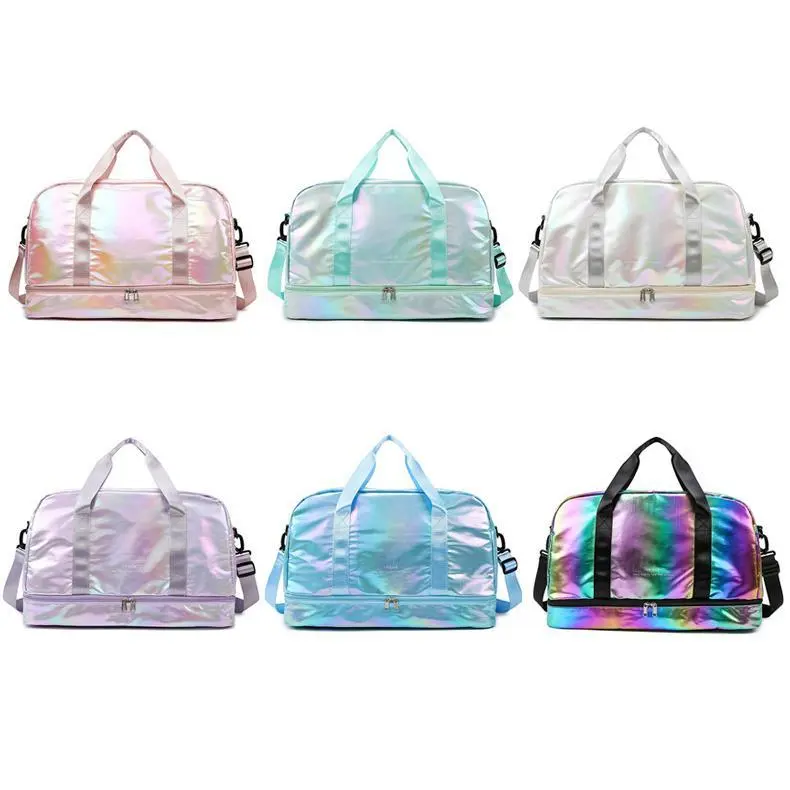 Iridescent Pearl Gym Bag ,Holographic Shiny Sports Duffel With Separate Shoe Compartment,Large Capacity Yoga Bag With Wet Dry Separation ,Trendy Travel Weekender Bag For Women