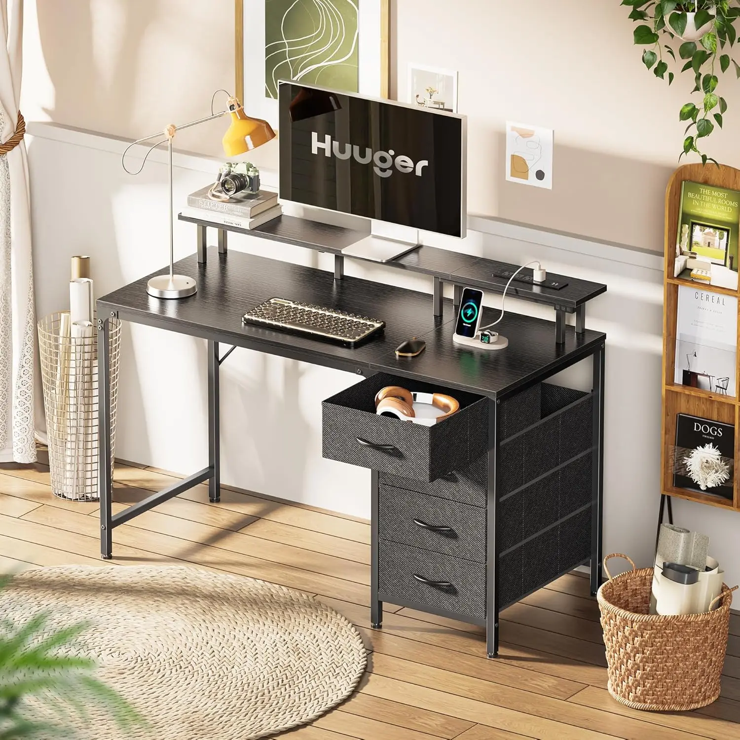 40” / 47” Computer Desk with Drawers and Charging Station, Home Office Desk with Monitor Stand, Small Writing Desk for Study & Work