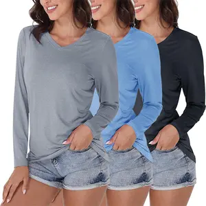 3 Pack: Women's Long Sleeve Dry Fit V-Neck T-Shirt - Active Athletic Workout Gym Top Moisture Wicking Long Sleeve Tee Pack