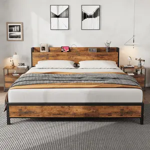 Garvee King Size Bed Frame with Charging Station - 2 USB Ports & 2 AC Outlets, Heavy Duty Metal Frame with Wooden Headboard & Footboard, No Box Spring Needed, Easy to Assemble, Brown