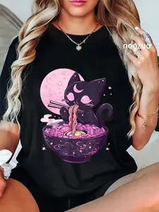 100% Cotton Unisex Pastel Goth Aesthetic Kawaii Creepy Cat Eating Ramen Noodles T-Shirt Casual Top