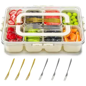 Divided Serving Tray with Lid & Handle, Portable Snack Charcuterie Container for Nuts,Candy,Fruits, Snack Platter with 8 Compartments&6 forks for Party,Entertaining,Picnic