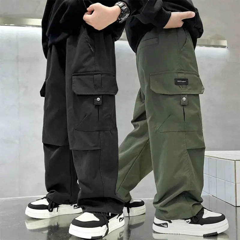 Boys' Minimalist Full-Length Cargo Pants - 10-11 Years, Loose Fit, Breathable Nylon, Elastic Waist, Cargo Pockets, Matte Finish, Casual Trousers for Outdoor Play & Everyday Wear