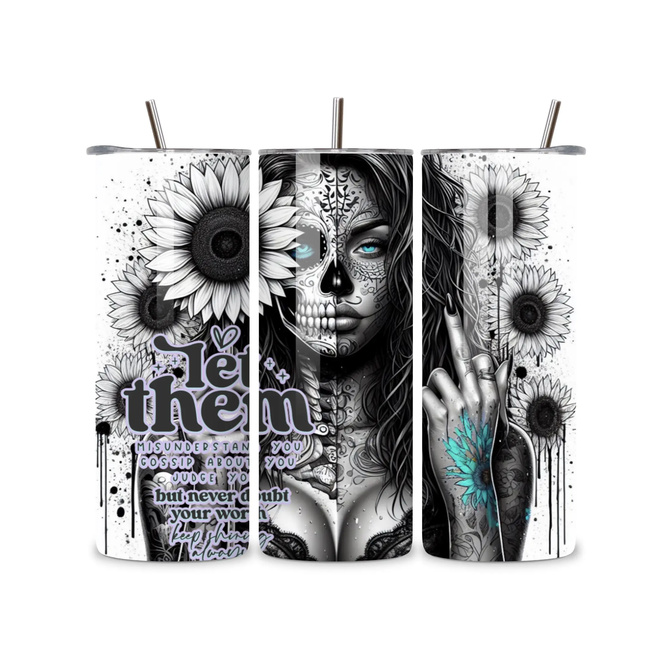 20oz Insulated Reusable Sugar Skull Print Turquoise Art Tumbler - Lid, Straw Included, BPA-Free, Portable Hydration Solution, Washable Cup with Lid Water Bottles, Insulated Mug Tumbler Water Bottles for Adults, Reusable Cup Water Bottles