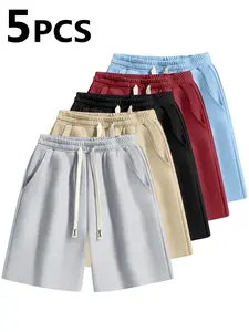 Men's Summer Elastic Shorts Set of 5, Casual Fitted Waist Drawstring Pants, Comfortable Breathable Fabric, Perfect for Outdoor Fitness and Daily Wear