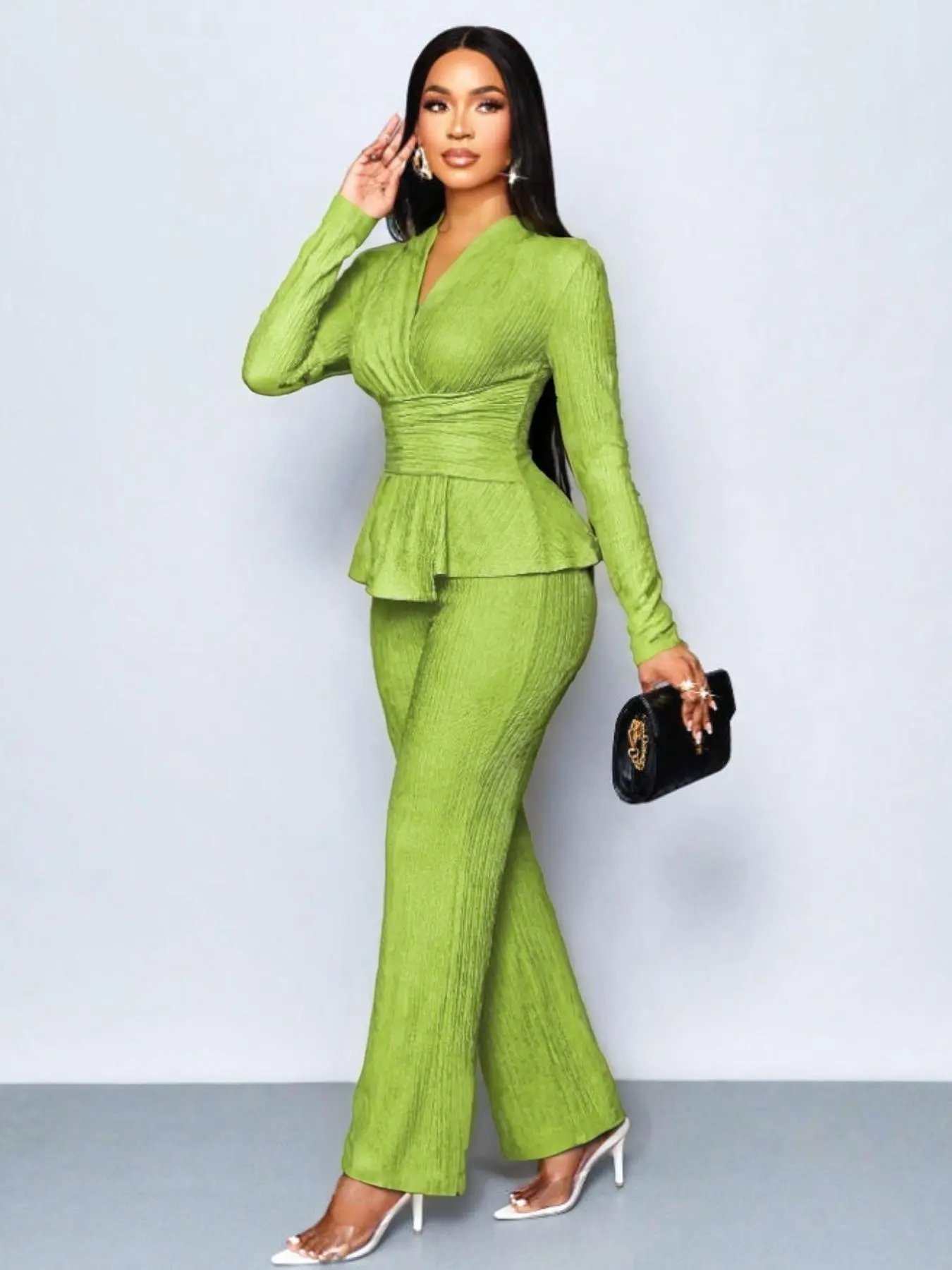 Women's Apricot Color Elegant Chic Style V-Neck Long Sleeve Fitted  Asymmetrical Hem T-Shirt & Wide-Leg Pants Two Piece Set Outfit, Casual  Daily Wear - TikTok Shop