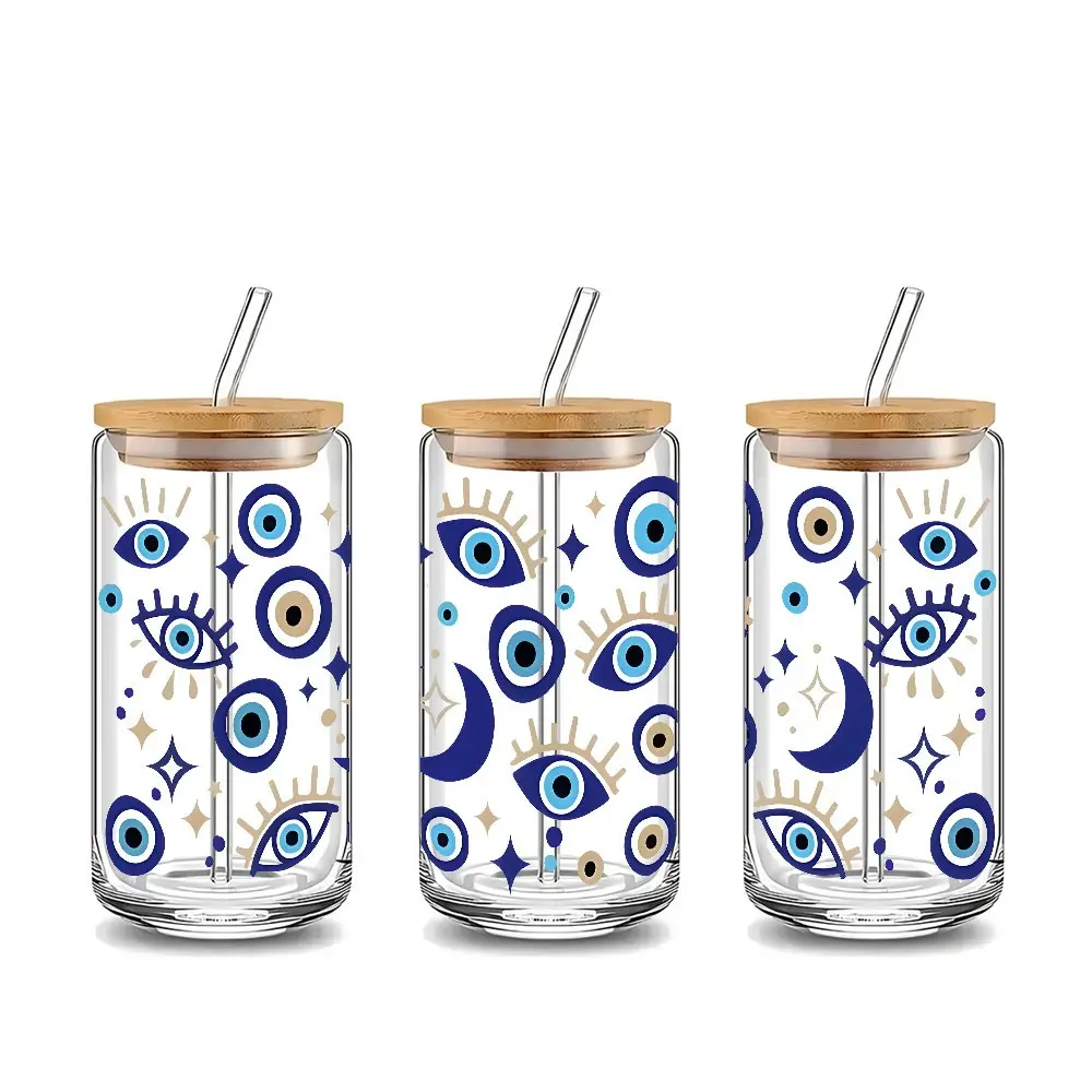 Aesthetic Evil Eye Pattern Frosted Glass Cup with Lid and Straw, 16oz Reusable Iced Coffee Tumbler Beer Can Glass for Iced Coffee, Boba, Smoothie, Trendy Spiritual Glassware Gift for Birthday, Friends, Family