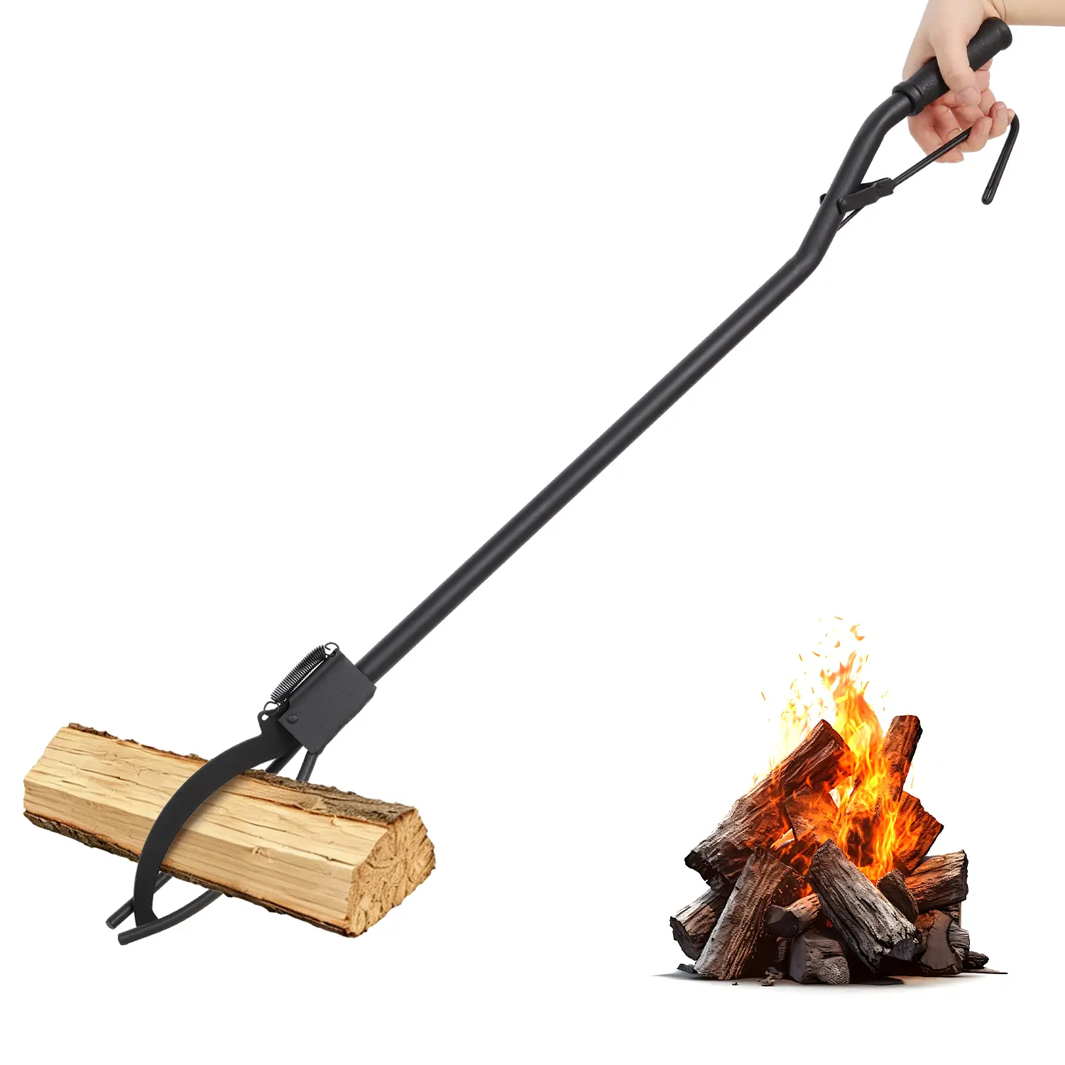 36-In Heavy Duty All-Steel Fire Log Grabber, 3-Prong Spring Handle with Non-Slip Rubber Grip for Outdoor Campfire, Fireplace, Wood Burning Patio Fire Pit, Wood Burning Firepit