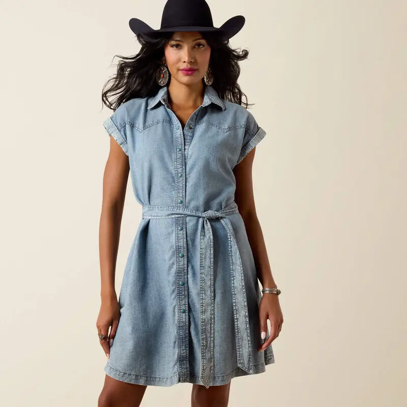 Ariat Women's Hampton Denim Shirtdress - Western Style Snap-Up with Turquoise Snaps, Matching Belt, and Pockets