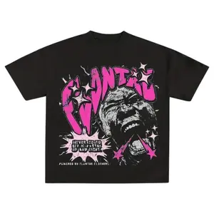 Feego Y2K Unisex Graphic T-Shirt - Black & Pink Text Star Design, 100%25 Cotton Loose Fit Streetwear, Drop Shoulder Short Sleeve Crew Neck Top