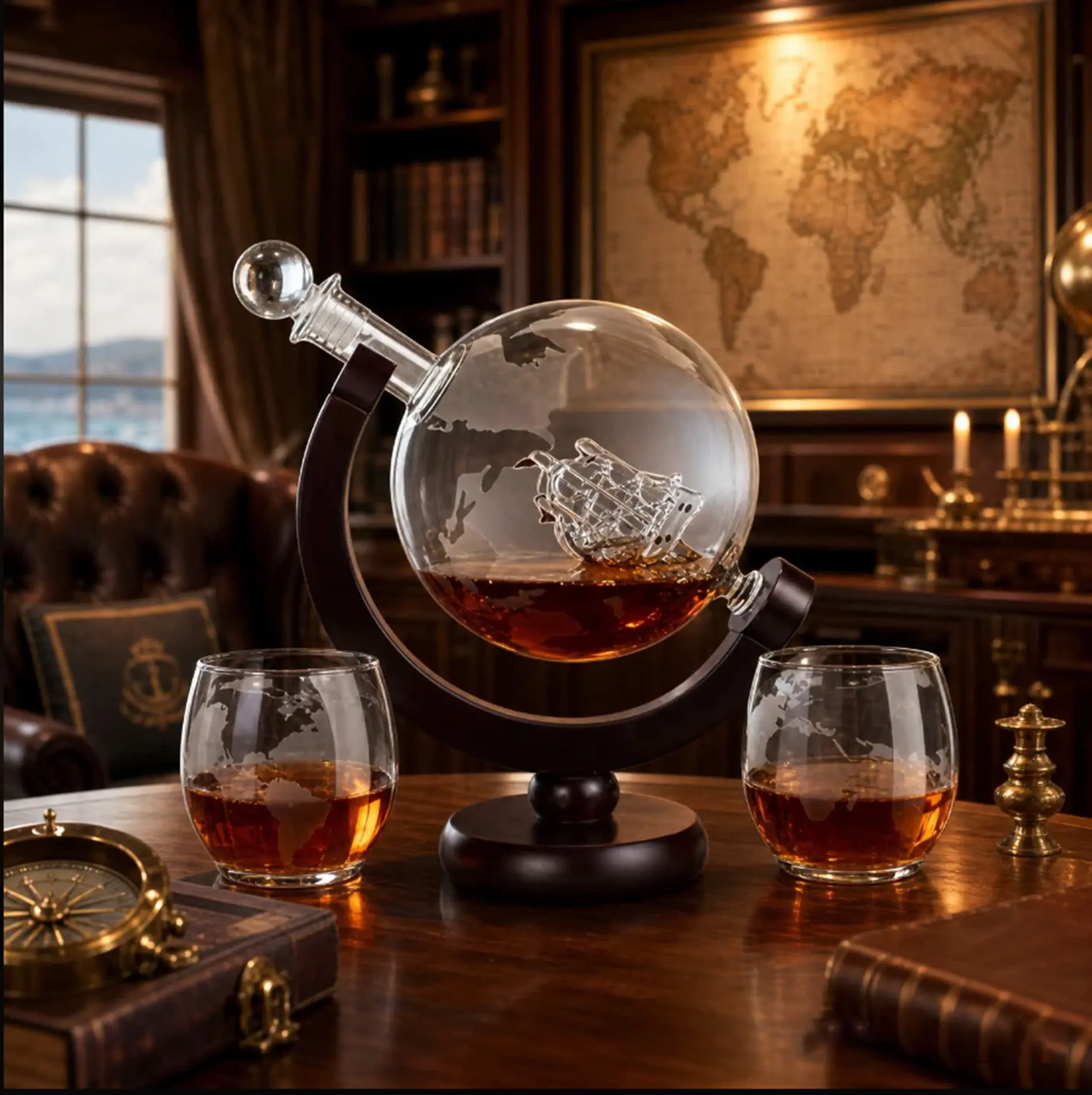 GlobeGlobe Decanter Set with World Map Cup, including a whiskey decanter with sailing ship pattern. Elegant household glass wineware. Spherical whiskey decanter with embossed sailing ship inside, vintage glass wine bottle.