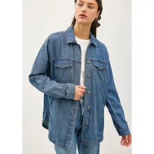 Women's Basic Fit Minimalist Tencel-Cotton Shacket - Long-Sleeve Casual Button-Up Jacket with Pocket, Rounded Hem