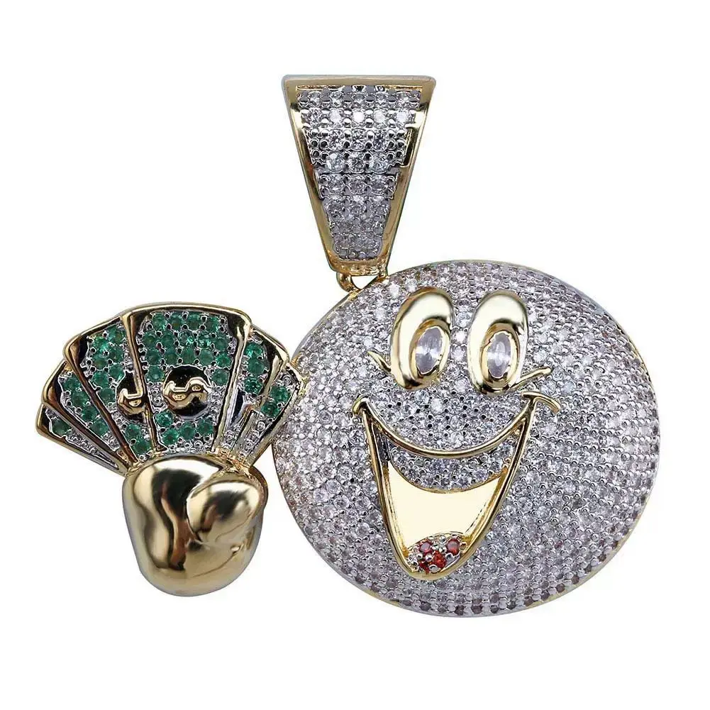 5335 Iced Out Smiley Face Hand Holding Cash Pendant Necklace, Bling Cubic Zirconia Money Emoji Hip Hop Jewelry For Men