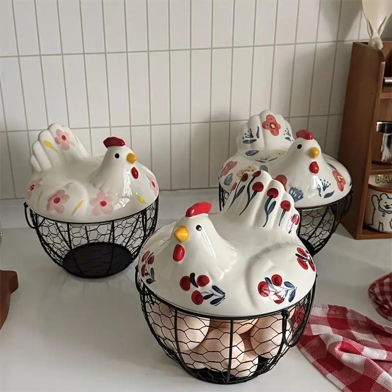 Ceramic Egg Basket with Metal Wire and Lid, Multifunctional Kitchen Storage Box, Home Storage Organizer, Decorative Food Organizer for Eggs Fruits Vegetables, Multipurpose Basket, Storage Baskets, Organizing Baskets