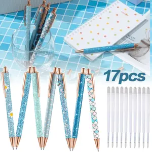 7Pcs Cute Sparkly Glitter Pens with 10Pcs Black Ink Refills, Pretty Fancy Pens Gifts for Women Girls Office School Christmas Graduation