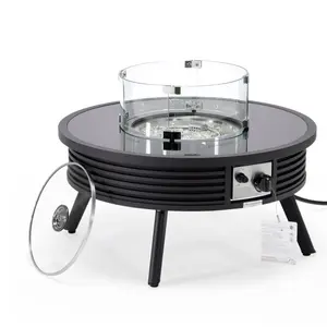 360 stand Modern Patio Gas Fire Pit Side Table - Outdoor Aluminum Round Frame (20x29x29 in) with Round Slats, Lid Cover, Fire Glass, Black for Outdoor Use, Patio Fire Pit