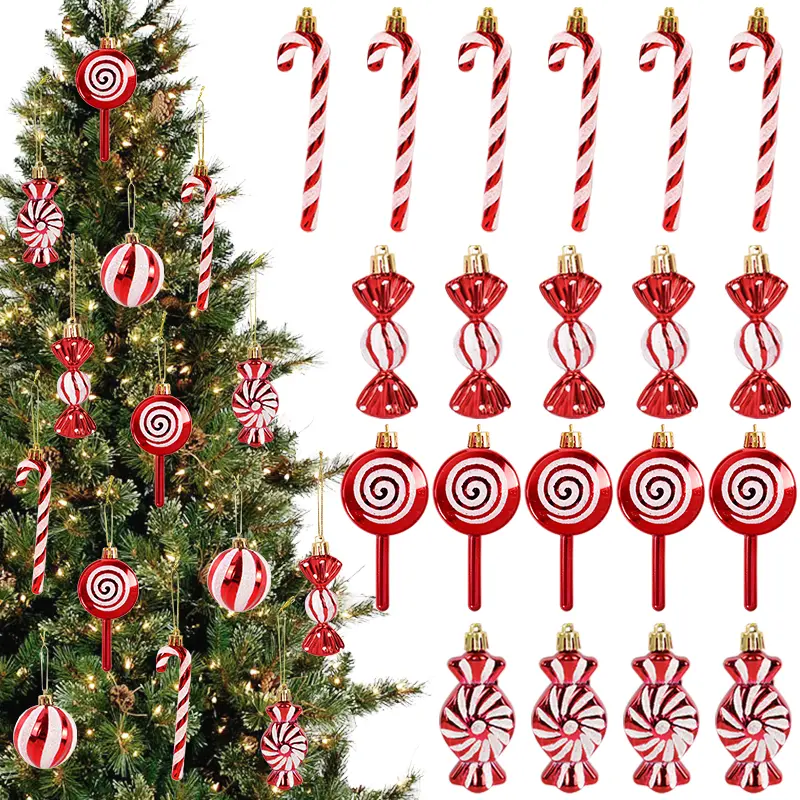 6Pcs Hangable Candy Crutch Lollipop Hanging Pendants, Red Christmas-Themed Festive Home Decorating Supplies, 2024 New Year Holiday Gifts